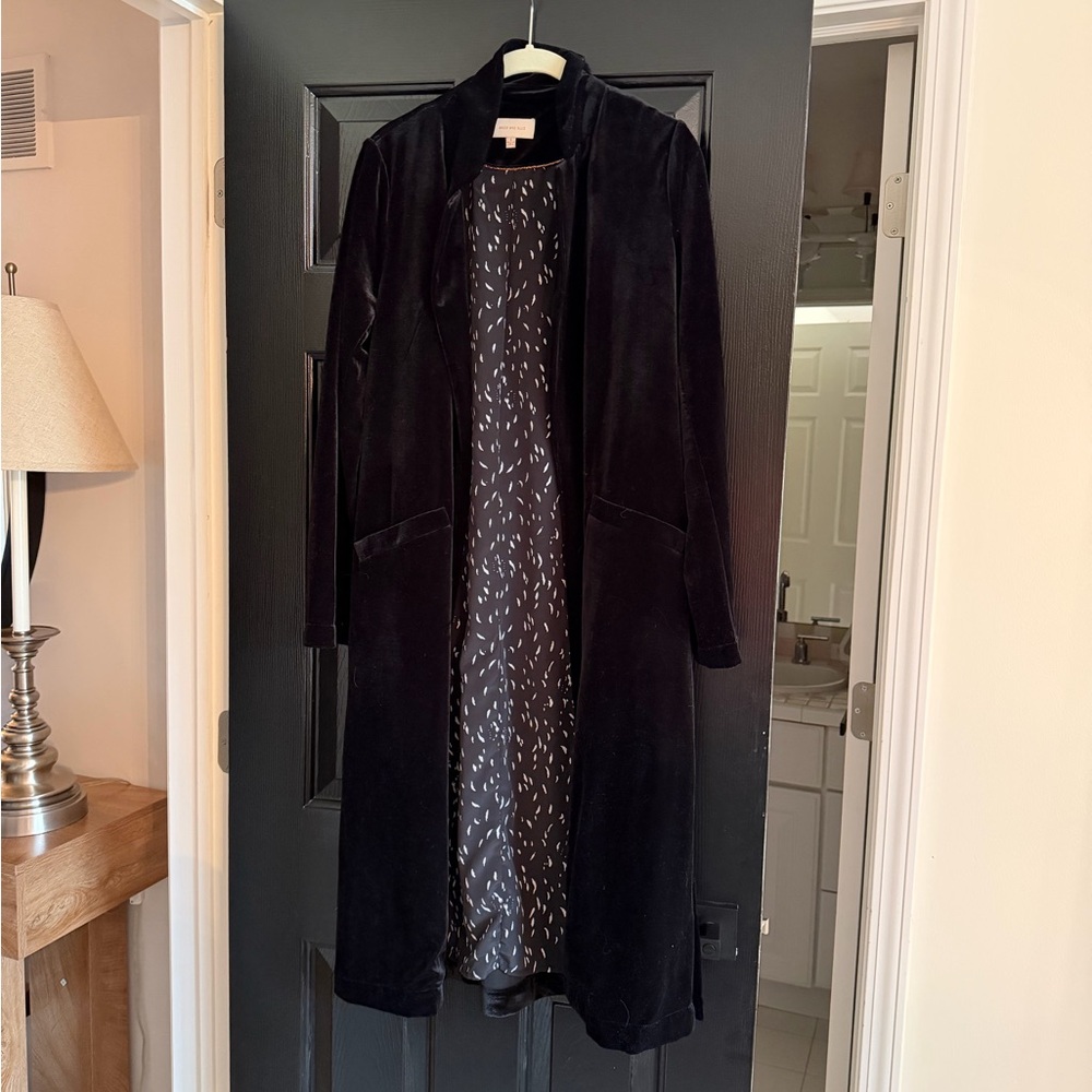 Women's Black Velvet Long Coat - Classic Open Front